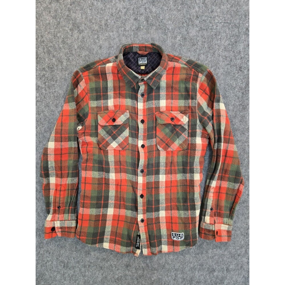 SUB POP Flannel Shirt Mens Sz L Orange Green Plaid Flannel Long Sleeve Seattle